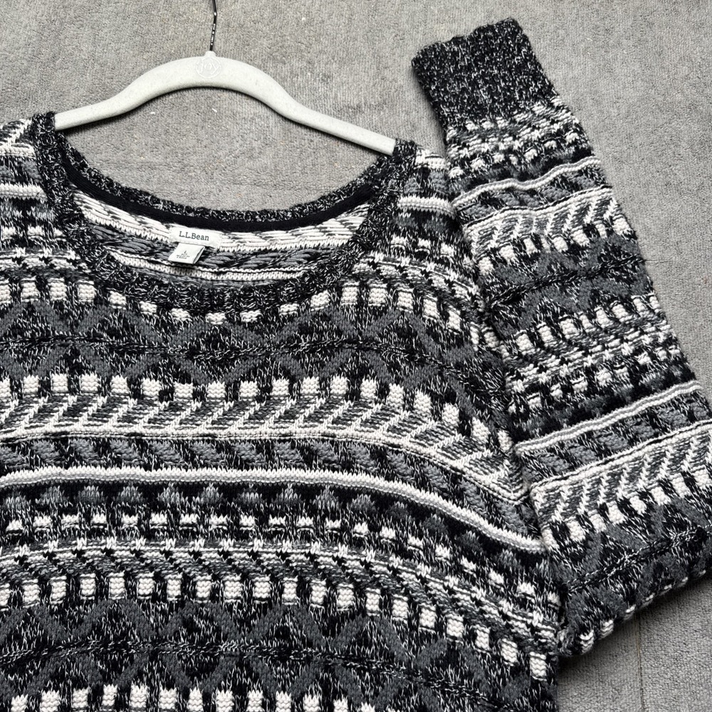 LL Bean Women's Black White Knit Crew Neck‎ Sweater Large M Layering Grandmacore